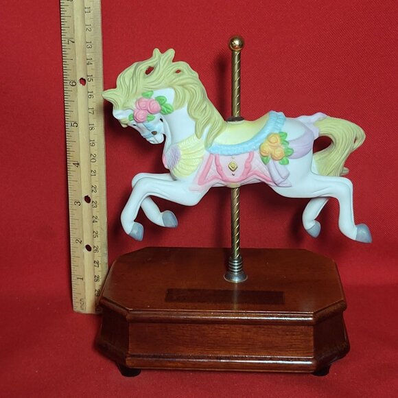 Musical Carousel Horse Bisque Porcelain Wood Base Plays Wind Beneath My Wings - Picture 8 of 12